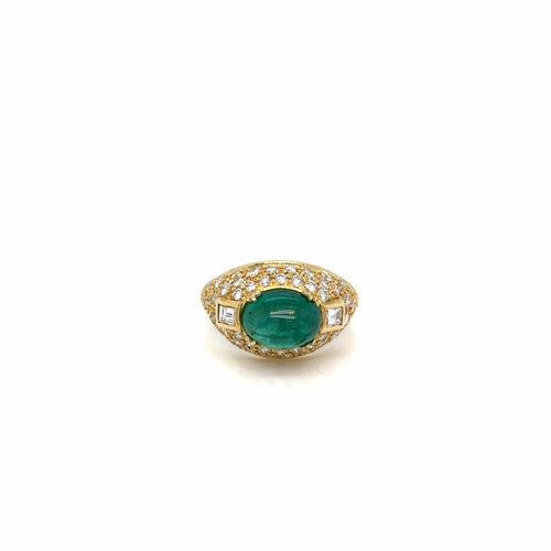 Bague 53 Bague vintage italienne émeraude cabochon et diamants en or jaune 18K 58 Facettes