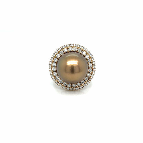 Bague Bague cocktail années 1980 en or jaune 18k, perle dorée et diamants 58 Facettes