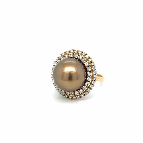 Bague Bague cocktail années 1980 en or jaune 18k, perle dorée et diamants 58 Facettes