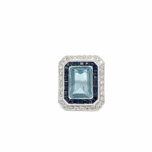 Bague 56 Art déco - Bague aigue-marine, saphirs et diamants en or 18k 58 Facettes