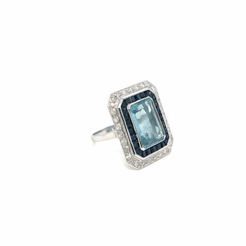 Bague 56 Art déco - Bague aigue-marine, saphirs et diamants en or 18k 58 Facettes