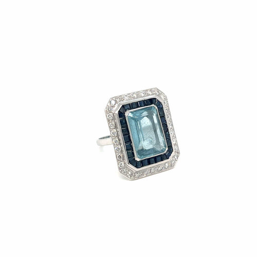 Bague 56 Art déco - Bague aigue-marine, saphirs et diamants en or 18k 58 Facettes