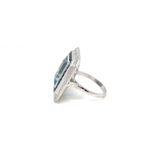 Bague 56 Art déco - Bague aigue-marine, saphirs et diamants en or 18k 58 Facettes