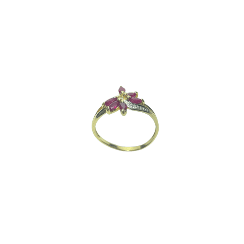 Anel com motivo floral em ouro amarelo, rubis e diamantes 58 Facettes 260122