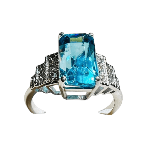 Bague 54 Bague Art déco en or blanc, zircon bleu et diamants 58 Facettes 7849 A