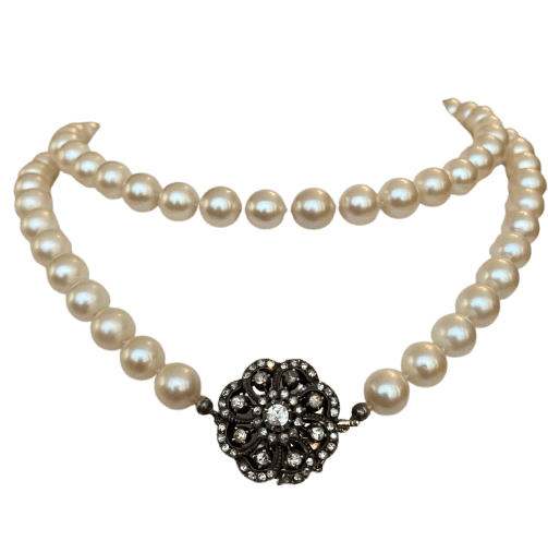 Collier Collier ras-du-cou antique en or jaune 14 k, diamants taille rose et perles 58 Facettes collier