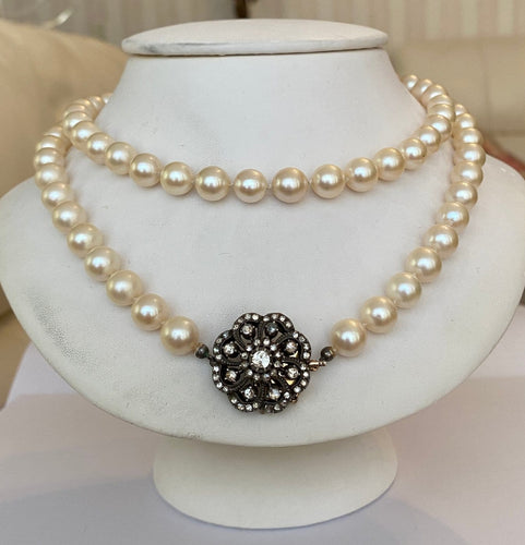 Collier Collier ras-du-cou antique en or jaune 14 k, diamants taille rose et perles 58 Facettes collier
