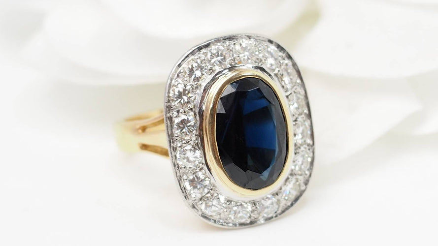 Ring 53,5 Pompadourring i gult guld, Platina, safir och diamanter 58 Facettes 32642