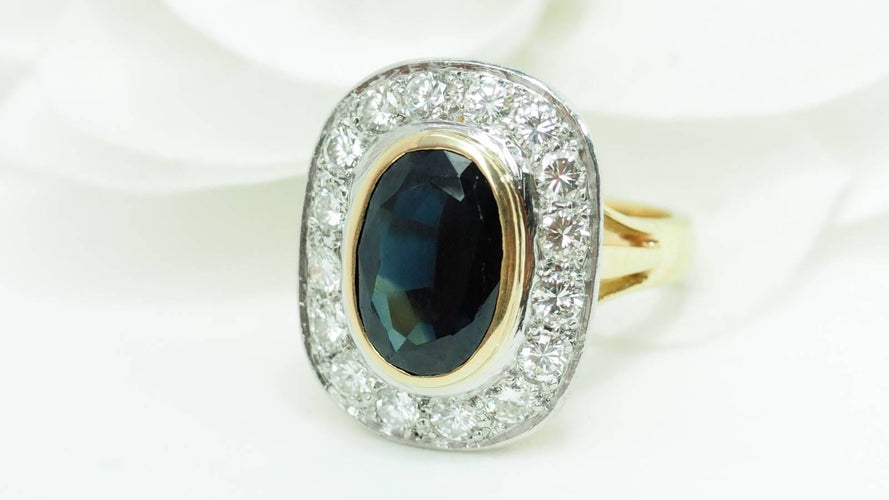 Ring 53,5 Pompadourring i gult guld, Platina, safir och diamanter 58 Facettes 32642