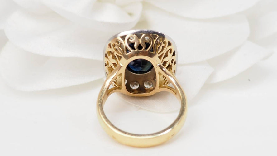 Ring 53,5 Pompadourring i gult guld, Platina, safir och diamanter 58 Facettes 32642