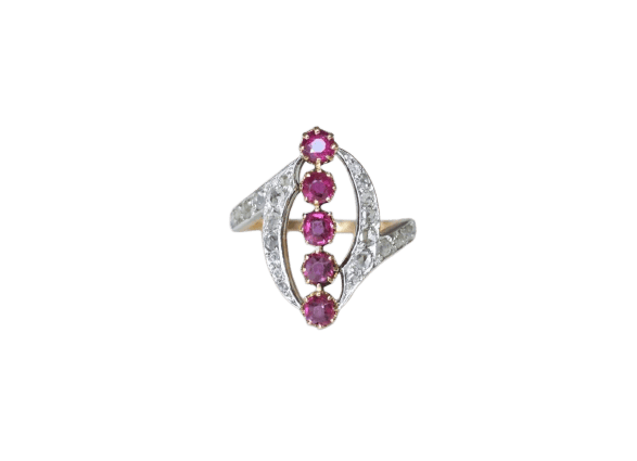 Bague 59 Belle Époque - Bague volutes en or jaune, platine, rubis et diamants 58 Facettes