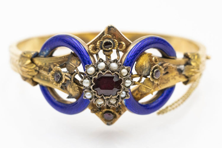 Armband Biedermeier-armband i gult guld, granat, pärlor och emalj 58 Facettes 12198