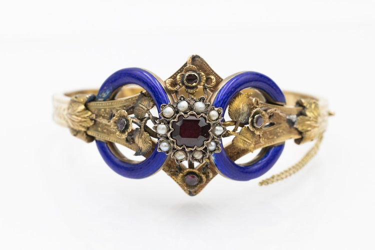 Armband Biedermeier-armband i gult guld, granat, pärlor och emalj 58 Facettes 12198