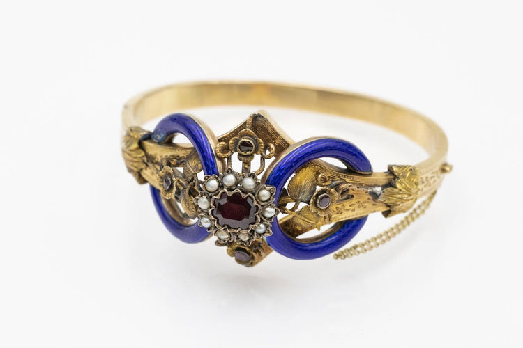 Armband Biedermeier-armband i gult guld, granat, pärlor och emalj 58 Facettes 12198