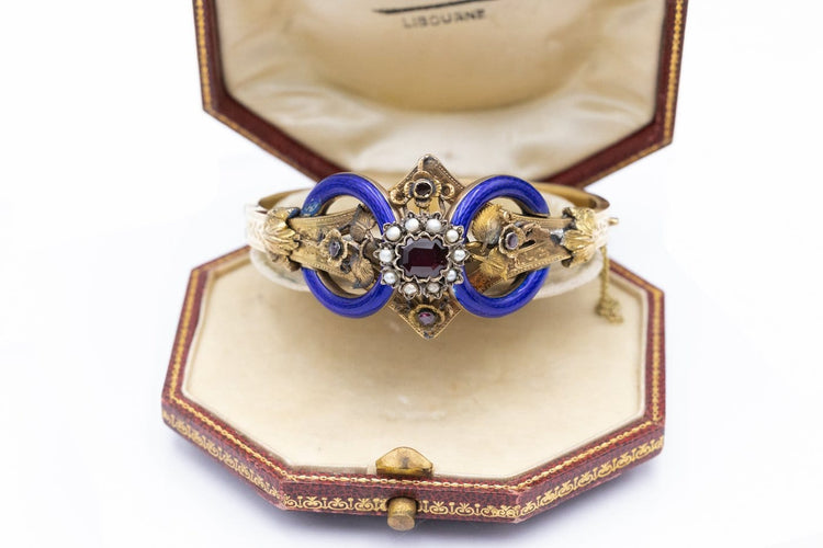 Armband Biedermeier-armband i gult guld, granat, pärlor och emalj 58 Facettes 12198
