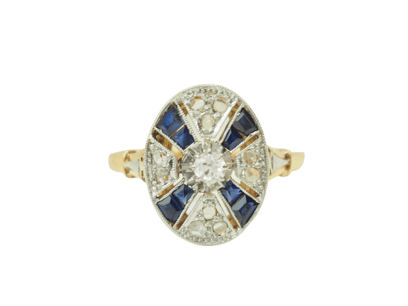 Anel 55 Anel Art Deco em ouro amarelo, Platina, safiras e diamantes 58 Facettes 33770