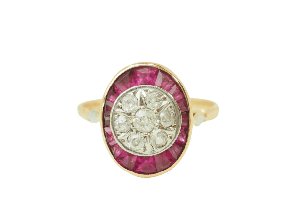 Prsten 55 Art Nouveau - Prsten ze žlutého zlata, Platina, rubíny a diamanty 58 Facettes 33770