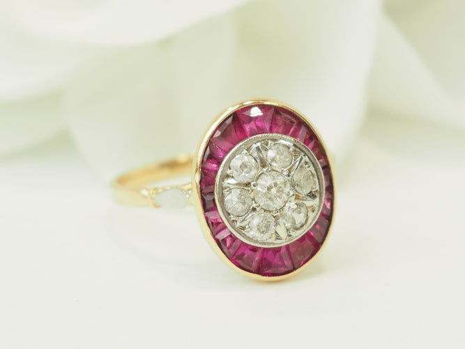 Prsten 55 Art Nouveau - Prsten ze žlutého zlata, Platina, rubíny a diamanty 58 Facettes 33770