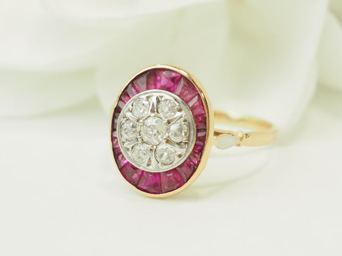 Prsten 55 Art Nouveau - Prsten ze žlutého zlata, Platina, rubíny a diamanty 58 Facettes 33770