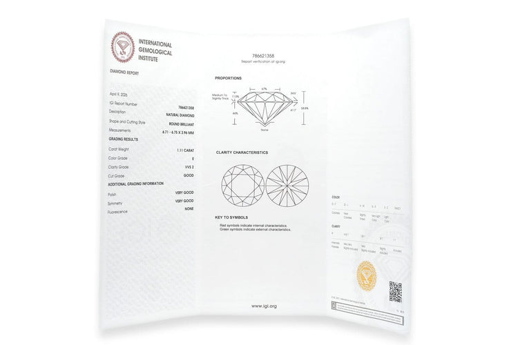 Diamant IGI - Pierre taille brillant 1,11 ct E VVS2 58 Facettes EVVS2