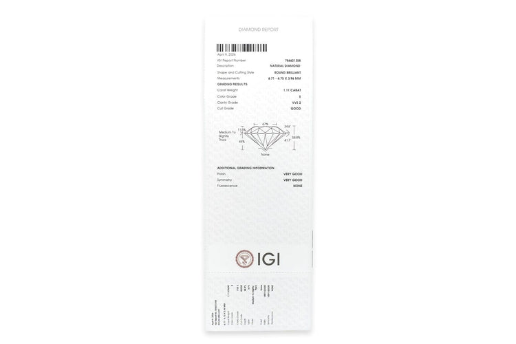 Diamant IGI - Pierre taille brillant 1,11 ct E VVS2 58 Facettes EVVS2