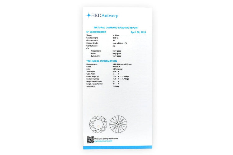Diamant HRD - Pierre taille brillant 0,79 ct F SI2 58 Facettes FS12