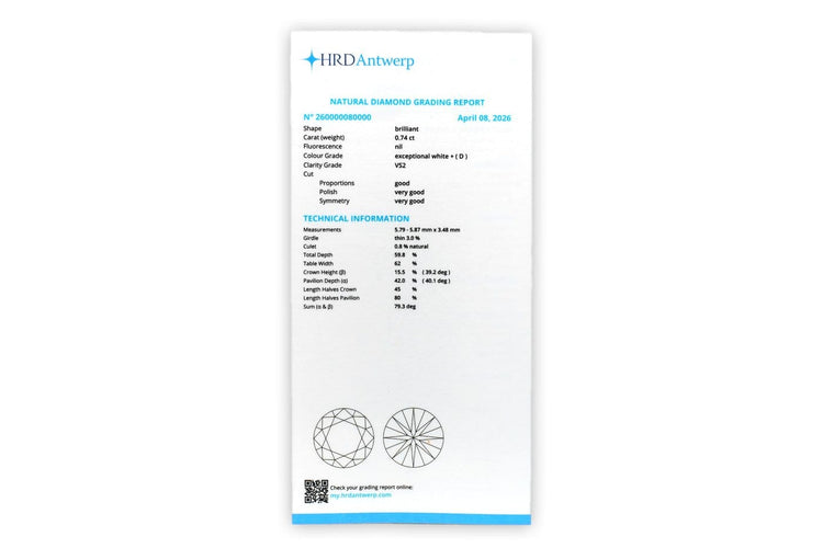 Diamant HRD - Diamant naturel taille brillant 0,74 ct D VS2 58 Facettes DVS2
