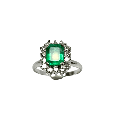 Bague 53 Bague en or blanc 18 carats, émeraude colombienne 1,28 ct et diamants 58 Facettes E39