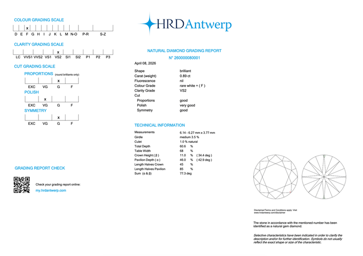 HRD - Diamant naturel taille brillant 0,89 ct F VS2 58 Facettes FVS2
