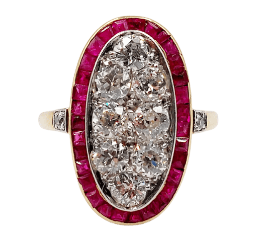 Bague 53 Bague cible Art déco en or 18k, platine, diamants et rubis 58 Facettes A07265