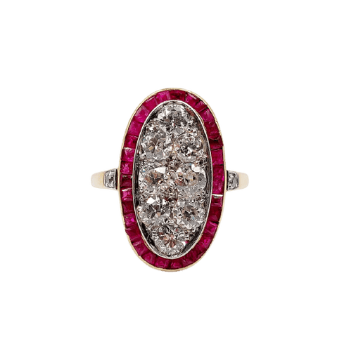 Bague 53 Bague cible Art déco en or 18k, platine, diamants et rubis 58 Facettes A07265