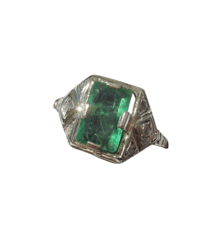 Bague 54 Bague Art déco en or blanc 18k, émeraude et diamants 58 Facettes Bague