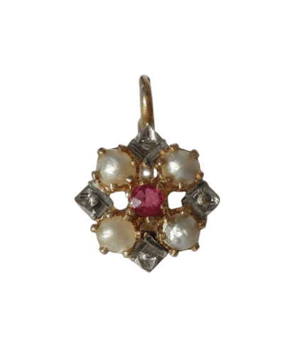 Boucles d'oreilles XIXe - Mono boucle d’oreille dormeuse en or rose, platine, rubis et perles 58 Facettes Boucles d'oreilles
