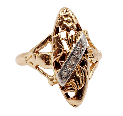 Bague 49.5 Bague marquise Art nouveau en or rose 18k, platine et diamants 58 Facettes A07253