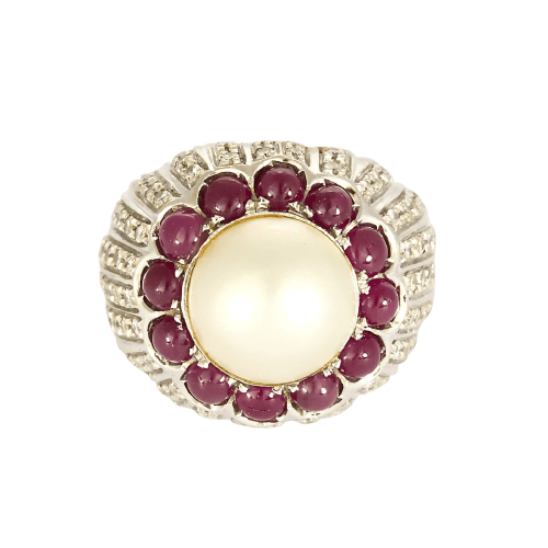 Bague 51 Bague cocktail en or blanc, diamants, rubis et perle bouton 58 Facettes BGperlerub&dts