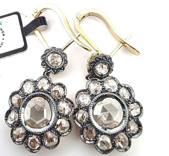 Boucles d'oreilles Boucles d'oreilles en or jaune 18 kt, argent et diamants taille rose 58 Facettes 299/26 F 190/26