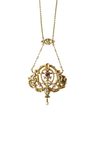 Collier Belle Époque - Collier en or jaune, rubis birman, diamants et perles 58 Facettes