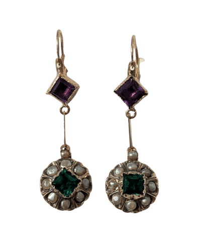 Boucles d'oreilles Dormeuses - Boucles d’oreilles en or jaune, perles, améthystes et pâte de verre 58 Facettes Boucles d'oreilles