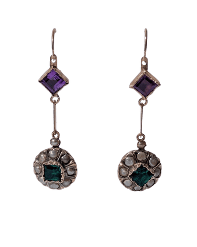 Boucles d'oreilles Dormeuses - Boucles d’oreilles en or jaune, perles, améthystes et pâte de verre 58 Facettes Boucles d'oreilles
