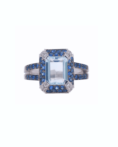 Bague 56.5 Bague en or blanc 18k avec aigue-marine, saphirs et diamants 58 Facettes ACQ180