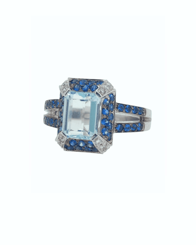 Bague 56.5 Bague en or blanc 18k avec aigue-marine, saphirs et diamants 58 Facettes ACQ180