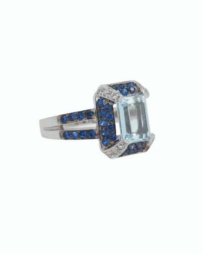 Bague 56.5 Bague en or blanc 18k avec aigue-marine, saphirs et diamants 58 Facettes ACQ180