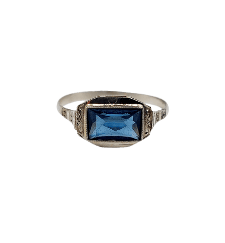 Bague 56 Art déco - Bague géométrique en or blanc 18k et verre bleu 58 Facettes A07155