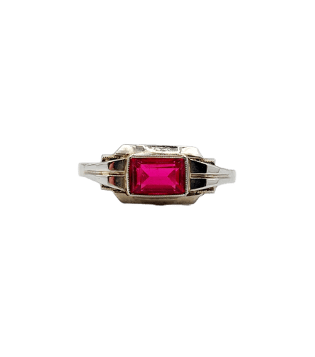Bague 56 Bague Art déco en or blanc 18k et verre rouge 58 Facettes A07133