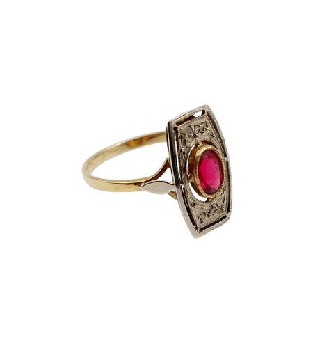 Bague 53.5 Bague Art déco en or 18k, verre rouge et diamants 58 Facettes A07134