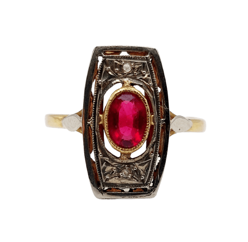 Bague 53.5 Bague Art déco en or 18k, verre rouge et diamants 58 Facettes A07134
