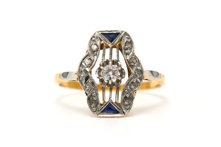 Bague 57 Bague Art déco en or jaune et blanc 18 carats, diamants et saphirs 58 Facettes 23810