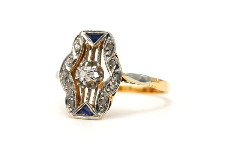 Bague 57 Bague Art déco en or jaune et blanc 18 carats, diamants et saphirs 58 Facettes 23810