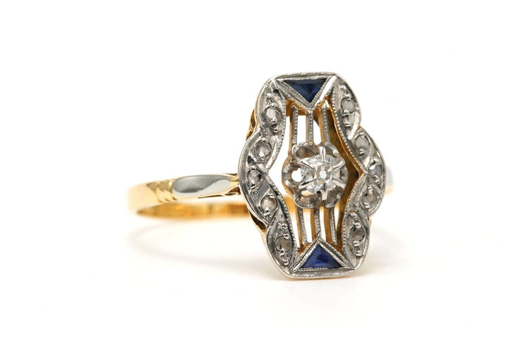 Bague 57 Bague Art déco en or jaune et blanc 18 carats, diamants et saphirs 58 Facettes 23810