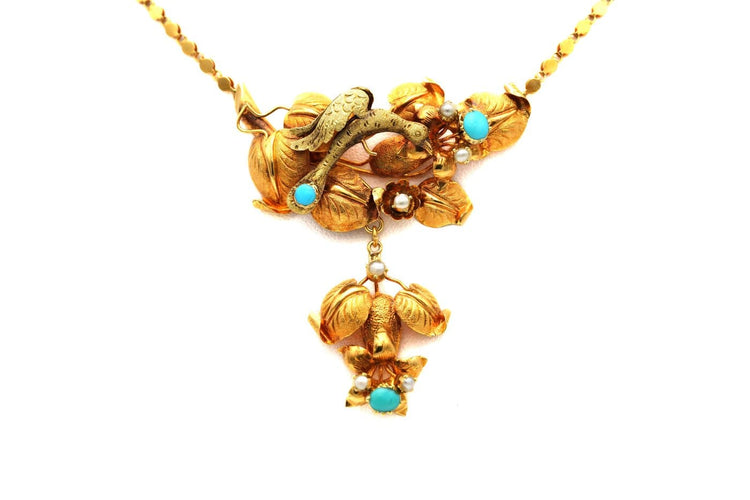 Collier Napoléon III - Collier en or jaune, turquoises et perles 58 Facettes B878